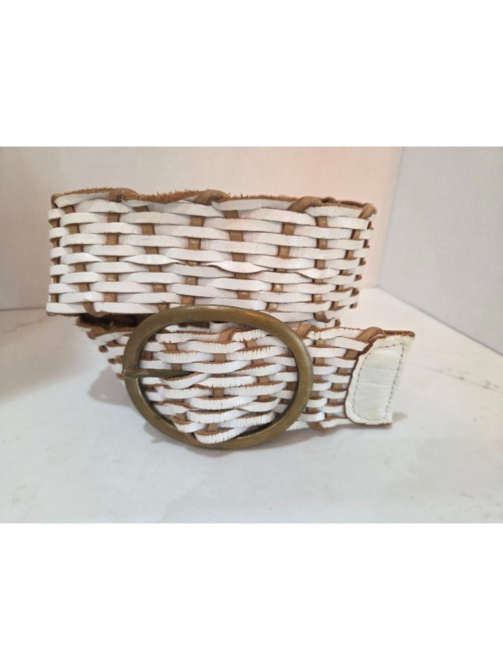 Woven White & Tan Leather Belt Large Brass Oval‎ Buckle 41" Length By 2" Boho